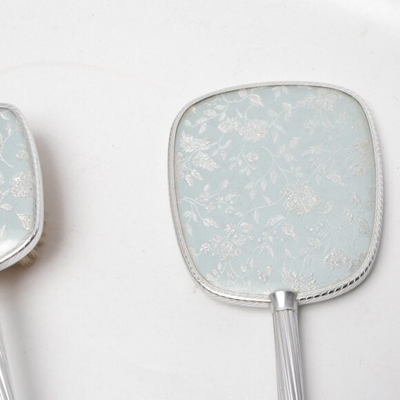 Vintage Vanity Dressing Table Brush Mirror Set England Metal Silver Wood - Picture 8 of 13